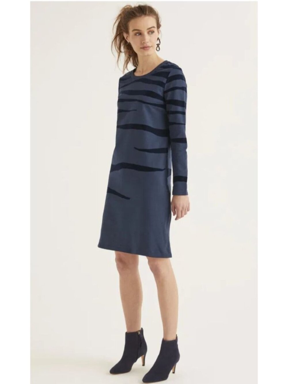 Boden Navy & Black Stripe Long Sleeve Shift Dress US 2R UK 6R Cotton Blend Casua